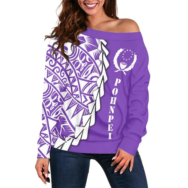 Autumn Off Shoulder Sleeveless Shirt Sexy Long Sleeve Shirt Polynesian Samoa Pohnpei Islands Flower Print Blouse Print On Demand