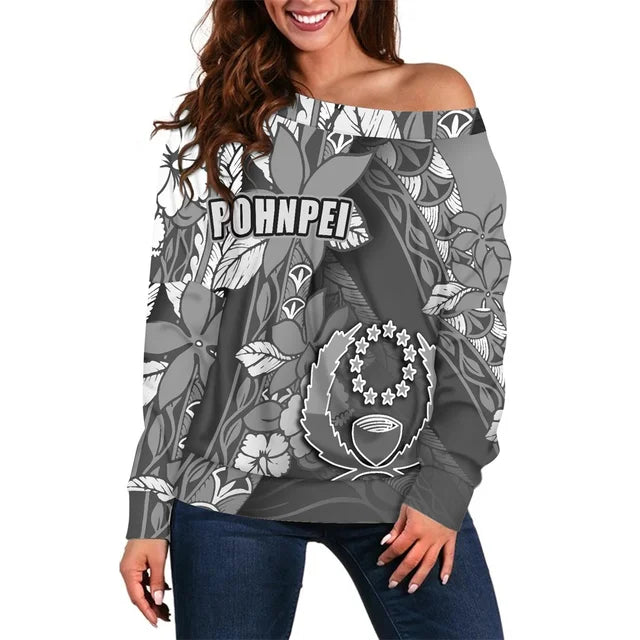 Autumn Off Shoulder Sleeveless Shirt Sexy Long Sleeve Shirt Polynesian Samoa Pohnpei Islands Flower Print Blouse Print On Demand