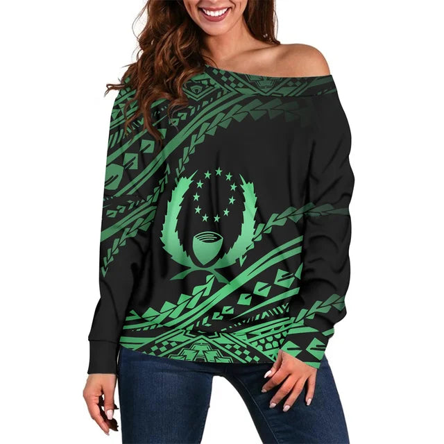 Autumn Off Shoulder Sleeveless Shirt Sexy Long Sleeve Shirt Polynesian Samoa Pohnpei Islands Flower Print Blouse Print On Demand